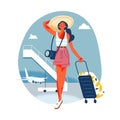 Happy girl tourist with luggage, camera and hat walking near airstairs at airport Royalty Free Stock Photo