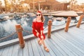 A happy girl tourist rests at the new La mer municipal beach in Dubai