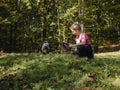 Happy girl with two dogs sitting on green grass having fun, family picnics, spending time together, hiking in mountains Royalty Free Stock Photo