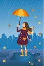 Happy girl with umbrella on the rainy city background. Rain and smiling girl with umbrella and cat in the coat pocket. Royalty Free Stock Photo