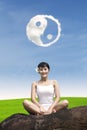 Happy girl under ying yang cloud outdoor Royalty Free Stock Photo