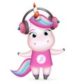 Happy girl unicorn headphones listen music isolated 3d cute cartoon design vector children Illustration Royalty Free Stock Photo