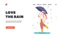 Happy Girl Walk under Umbrella at Rain Landing Page Template. Female Character in Warm Clothes and Rubber Boots Royalty Free Stock Photo