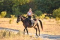 Happy girl walking on a horse in the forest on a warm autumn day Royalty Free Stock Photo