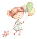 Happy girl walks with a piglet and balloons