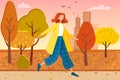 Happy girl is walking on street. Female character spends time outdoors in city park, rests in autumn