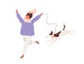 Happy girl in warm clothes running with funny dog vector flat illustration. Joyful female in scarf enjoying walking at