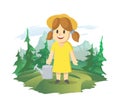 A happy girl with a watering can on the background of a mountain landscape. Female farmer working in the field, vector