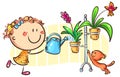 Happy girl watering indoor plants, cartoon clipart