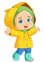 The happy girl is wearing the cute yellow raincoat and dancing under the rain