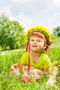 Happy girl wearing flowers circlet and rabbit Royalty Free Stock Photo