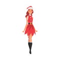 Happy Girl Wearing Red Santa Claus Dress and Hat, Young Woman in Elegant Christmas Clothes Vector Illustration Royalty Free Stock Photo