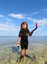 happy girl with wetsuit, masks and snorkels at the s Royalty Free Stock Photo