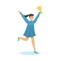 Happy girl winner jumping holding first prize cup vector illustration