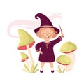 Happy Girl Witch in Purple Dress and Pointed Hat Casting Spell Practising Witchcraft and Doing Magic with Wand Vector Royalty Free Stock Photo