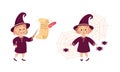 Happy Girl Witch in Purple Dress and Pointed Hat Near Spider Web and Writing on Scroll with Quill Vector Set