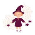 Happy Girl Witch in Purple Dress and Pointed Hat Standing Near Cobweb and Spider Vector Illustration
