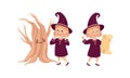 Happy Girl Witch in Purple Dress and Pointed Hat with Talking Tree and Scroll Vector Set