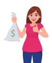 Happy girl, woman or female holding/showing cash, money, currency note bag with dollar icon and showing, making or gesturing.