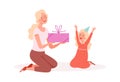 Happy girl. Woman giving gift to daughter, birthday party. Family festive, cute cartoon mother and little child vector Royalty Free Stock Photo