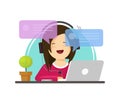 Happy girl working on computer on work desk font view vector, flat cartoon person character sitting on desktop table and