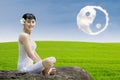 Happy girl and ying yang cloud outdoor Royalty Free Stock Photo