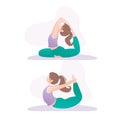 Happy girl in yoga poses. Two hatha yoga asanas. Simple female character Royalty Free Stock Photo