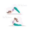 Happy girl in yoga poses. Two hatha yoga asanas. Svanasana asana. Simple female character Royalty Free Stock Photo