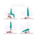 Happy girl in yoga position. Set of inversion asana poses in hatha yoga. Simple female human character Royalty Free Stock Photo