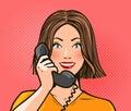 Happy girl or young woman talking on the phone. Telephone conversation. Pop art retro comic style, vector Royalty Free Stock Photo