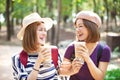 girls drinking bubble tea and enjoy summer vacation