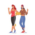 Happy Girls in Gym. Female Characters Couple Wearing Sports Clothes and Sneakers Stand Together. Women Athletes