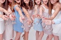 Happy girls having fun drinking with champagne on party. Concept of nightlife, bachelorette party, hen-party Royalty Free Stock Photo