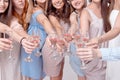 Happy girls having fun drinking with champagne on party. Concept of nightlife, bachelorette party, hen-party Royalty Free Stock Photo