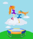 Happy girls jumping on the trampoline. Illustration