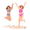 Happy girls jumping up on beach. Cheerfull women in swimwear, excited about summer vacation. Positive energetic female