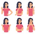 Happy girls. Sad or happy woman avatars. Different face emotion expressions. Hand gestures. Angry female. Cute emoji Royalty Free Stock Photo