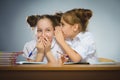 Happy girls sitting at desk on gray background. school concept Royalty Free Stock Photo