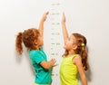 Happy girls stretch hands up on wall scale Royalty Free Stock Photo