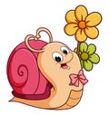 The happy girly snail is posing near the colorful flower Royalty Free Stock Photo