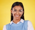 Happy, glasses and portrait of woman in studio for business, corporate and professional. Smile, pride and happiness with