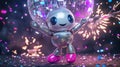 Happy glittery robot dancing at disco with sparkling fireworks and disco ball Royalty Free Stock Photo