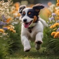 A happy-go-lucky puppy with a wagging tail, running through a field of flowers3