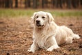 Happy dog labrador retriver lying on the forest sand. Royalty Free Stock Photo