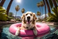 Happy dog enjoying summer swimming in inflatable ring in pool. AI generative golden retriever dog. Royalty Free Stock Photo