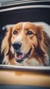 Happy golden retriever dog looking out of a car window. Royalty Free Stock Photo