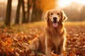 A happy golden retriever enjoys a restful moment in a picturesque field covered with colorful autumn leaves, Happy golden