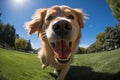 A happy golden retriever playing fetch with a ball in a park.