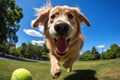 A happy golden retriever playing fetch with a ball in a park.