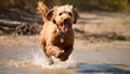Happy Goldendoodle dog running and playing in water. Playful little dog in a beach. Royalty Free Stock Photo